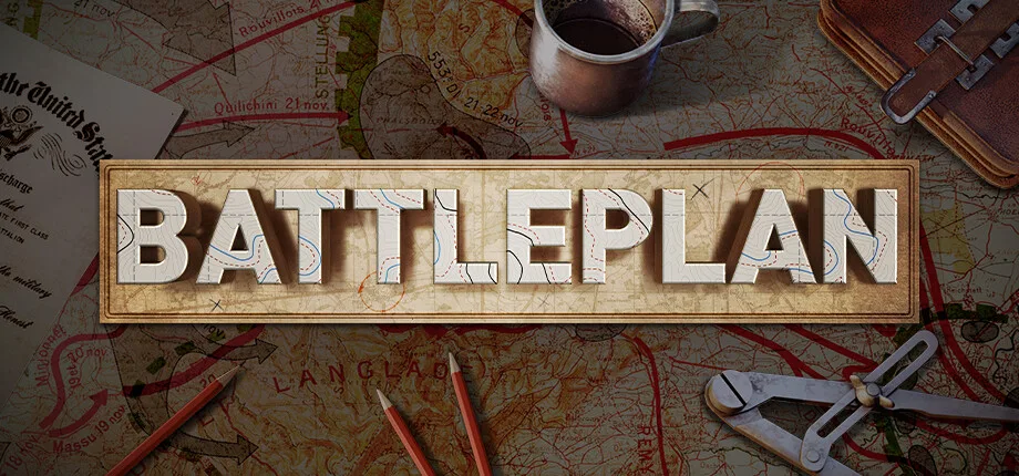 Battleplan store header: the game logo on a wooden sign over an operations map table